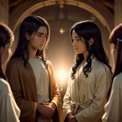 a group of women standing next to each other in a room with lights on them and a woman in a brown robe