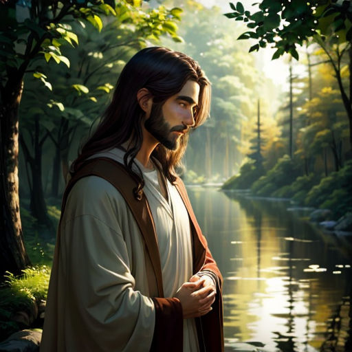 jesus is standing in the woods by the water with his hands on his hips and looking at the water