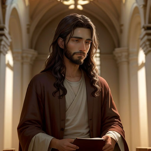 a man with long hair and a beard holding a book in his hands and looking at the camera with a serious look on his face