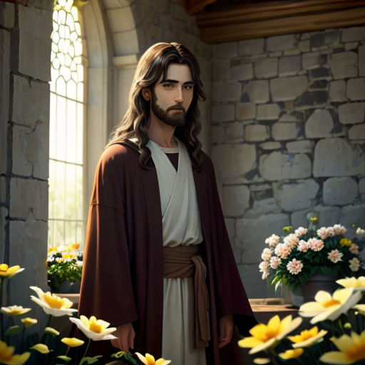 jesus in a church with flowers and a window behind him, with a large bouquet of flowers in the foreground