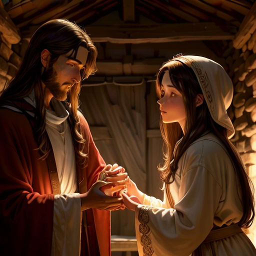 a painting of jesus and a woman in a hut with a candle in their hands, both dressed in robes