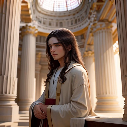 a woman in a white robe standing in a building with columns and a dome overhead, with a light shining on her