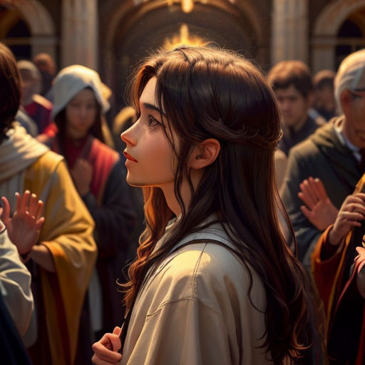 a woman in a crowd of people with hands together and a cross in the background with a light shining on her