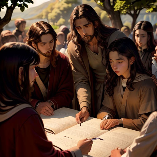 a group of people standing around a table with a book on it and a pen in their hand and a bible open