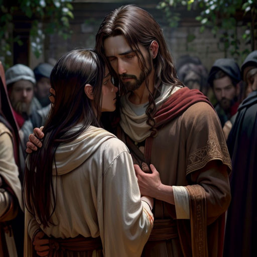 a man and woman are embracing in a scene from jesus's story of jesus christ is being kissed by a woman