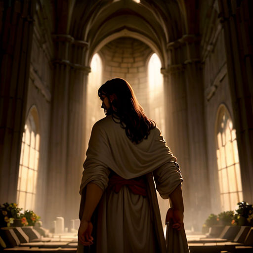 a man in a white robe standing in a church with a cross on the floor and a light coming through the window