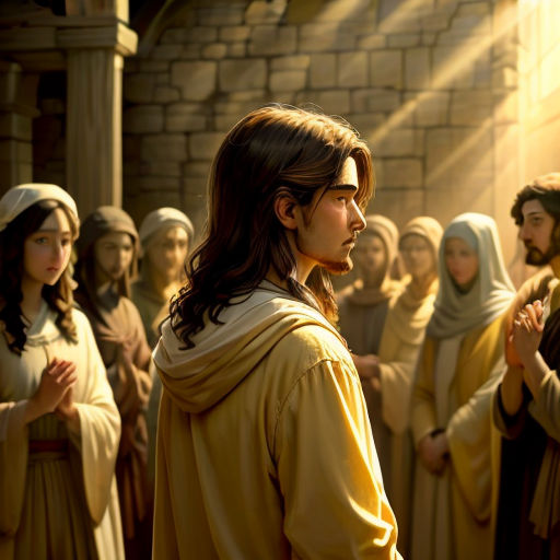 a man in a yellow robe standing in front of a group of people in a church with a light shining on him