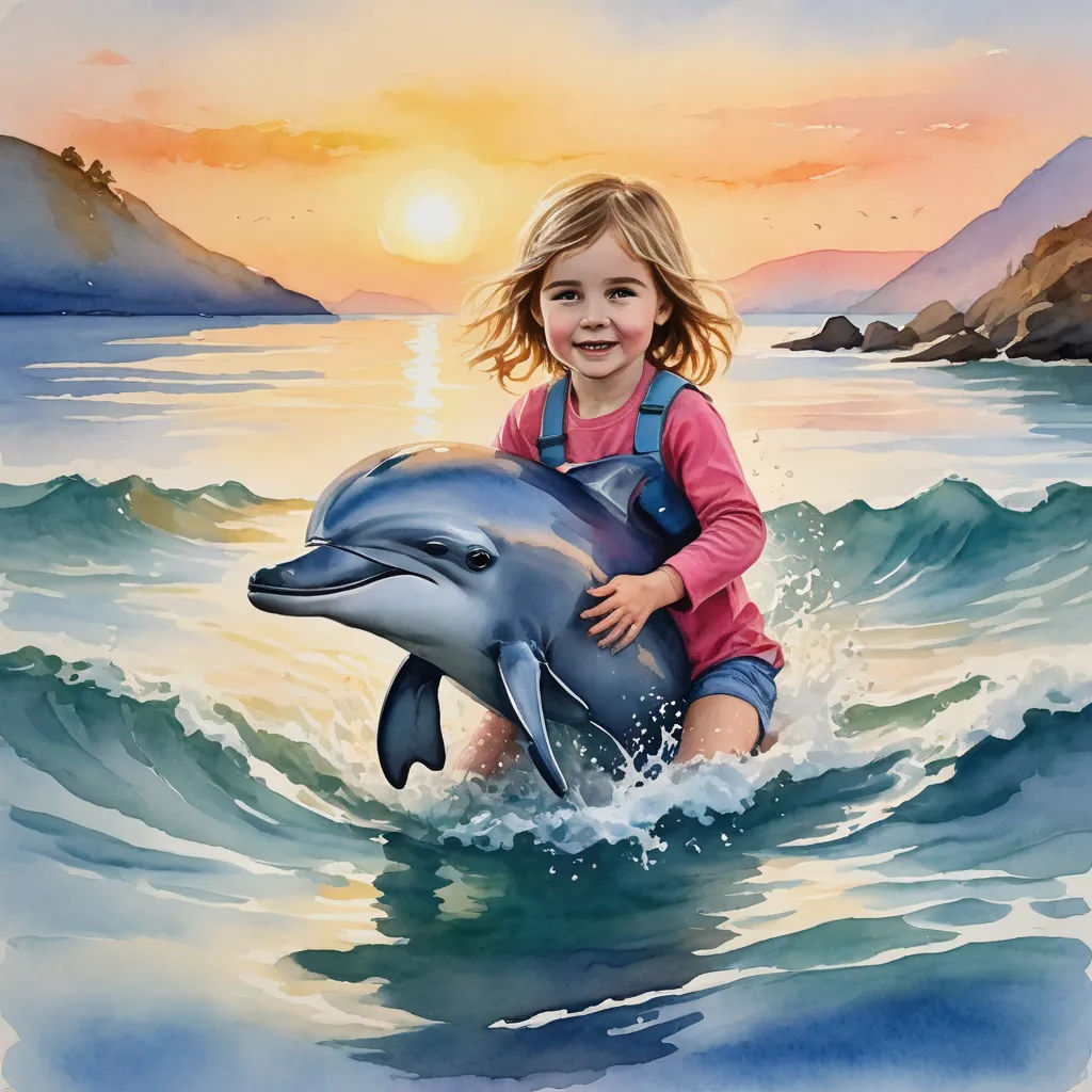 a painting of a girl riding a dolphin in the ocean at sunset with a sunset behind her and mountains, magic realism, an airbrush painting, Cyril Rolando, professional digital painting