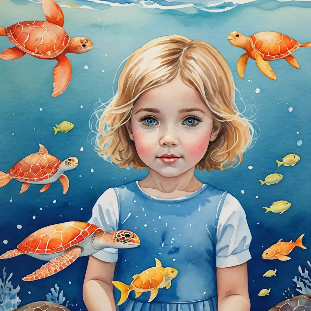a painting of a little girl with a turtle and fish in her hands and a sea turtle in the background, figurative art, a storybook illustration, Claire Hummel, in gouache detailed paintings