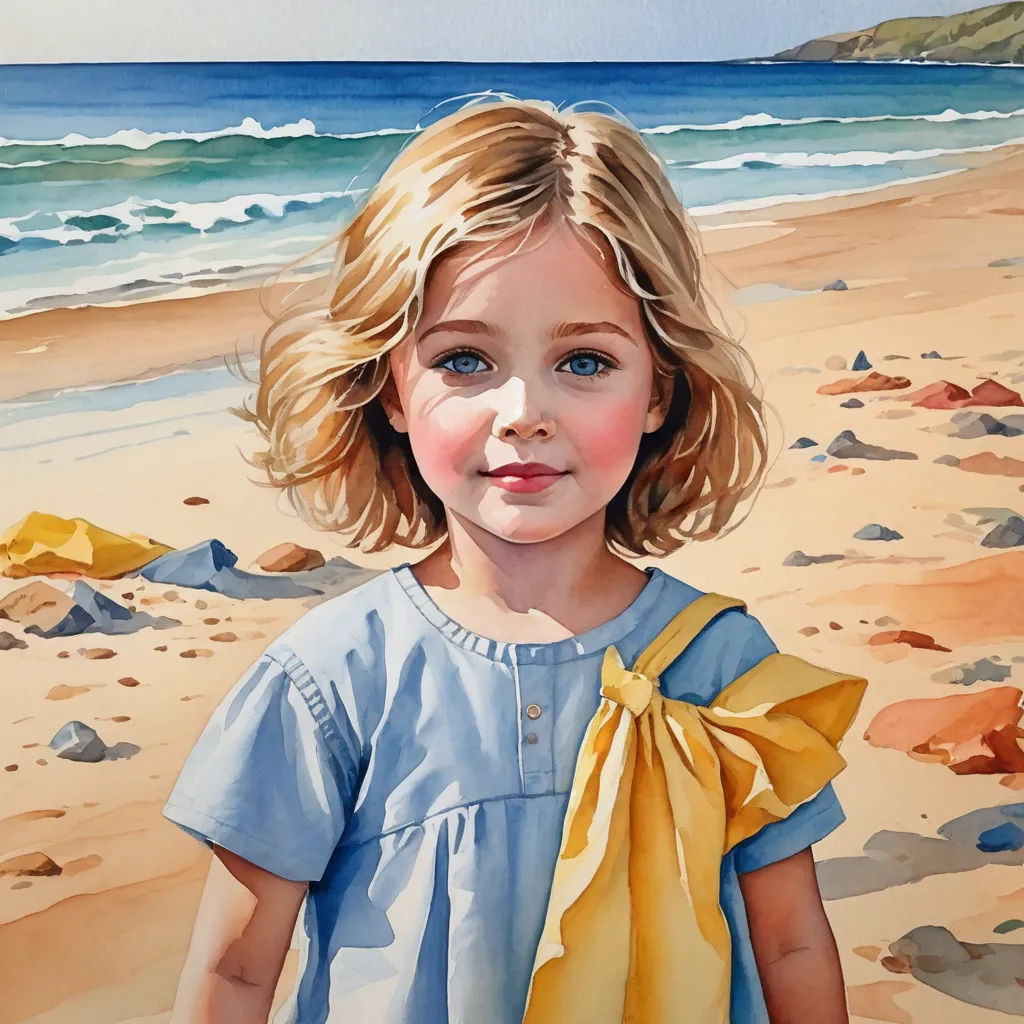 a painting of a little girl on the beach with a yellow scarf around her neck and a blue shirt on, figurative art, a watercolor painting, Caroline Lucy Scott, detailed painting