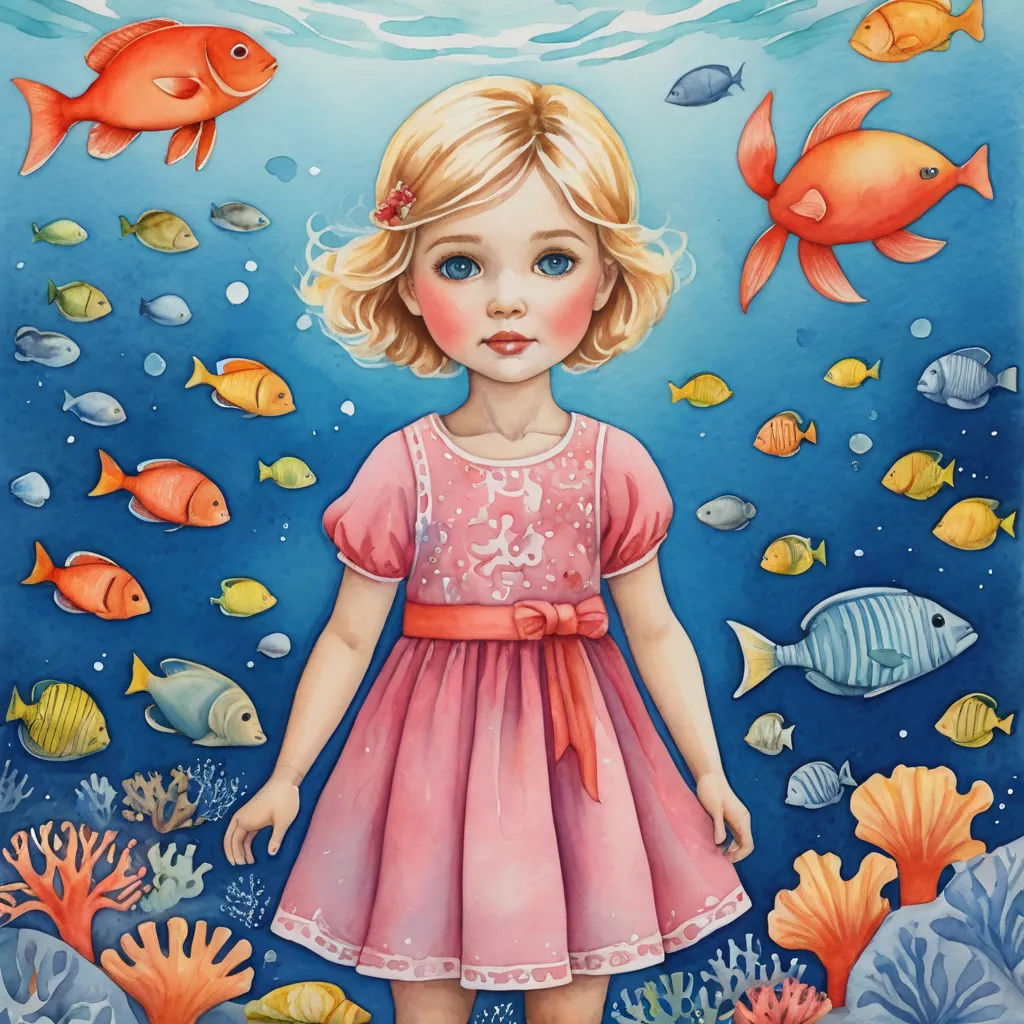 a painting of a little girl in a pink dress under the water with fish and corals around her, pop surrealism, a watercolor painting, Alice Prin, underwater