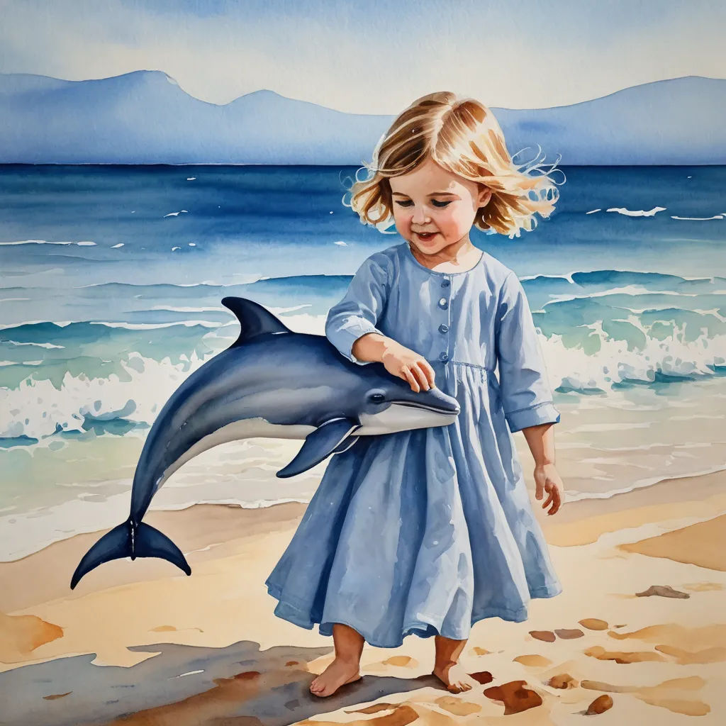 a painting of a little girl playing with a dolphin on the beach with a blue sky and ocean in the background, figurative art, a watercolor painting, Elizabeth Durack, watercolor