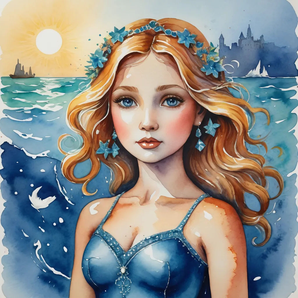 a painting of a woman in a blue bikini in the ocean with a castle in the background and a bird flying over her head, figurative art, an airbrush painting, Anne Stokes, ocean