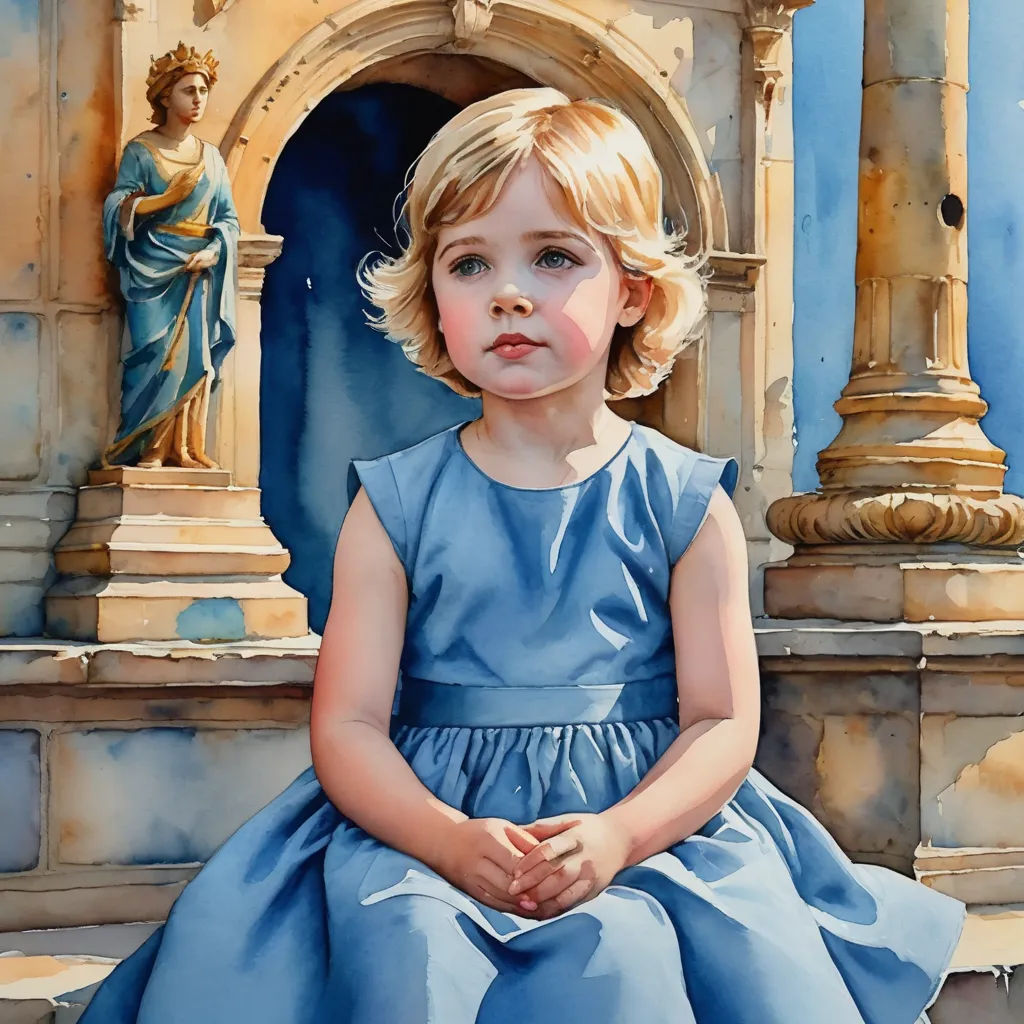 a painting of a little girl in a blue dress sitting on a step in front of a fountain with statues, figurative art, a watercolor painting, Caroline Lucy Scott, detailed painting