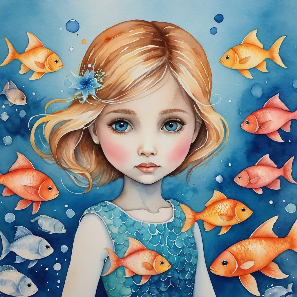 a painting of a girl with a blue dress and goldfish in the water with bubbles and bubbles around her, pop surrealism, a watercolor painting, Daniel Merriam, in gouache detailed paintings