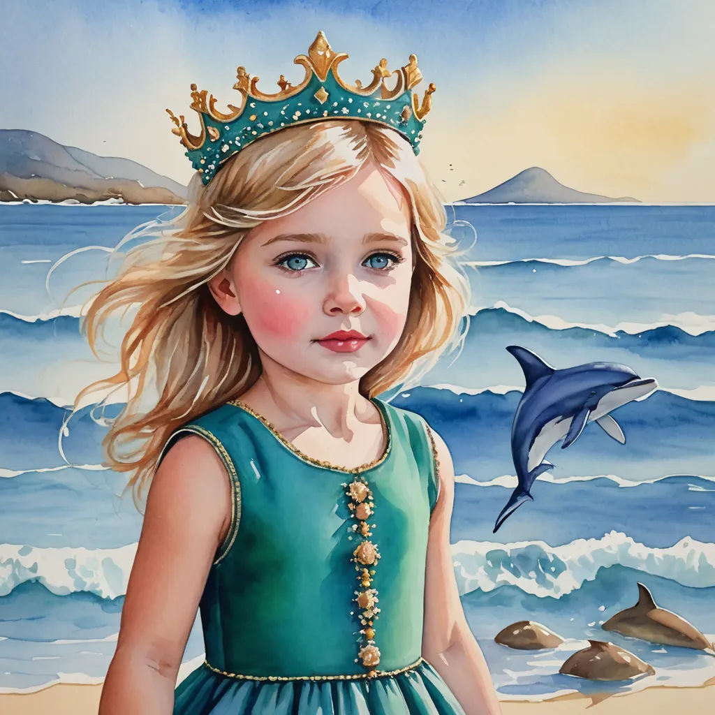 a painting of a little girl wearing a tiara and a dolphin in the background with a dolphin jumping out of the water, figurative art, a watercolor painting, Beatrice Huntington, detailed painting