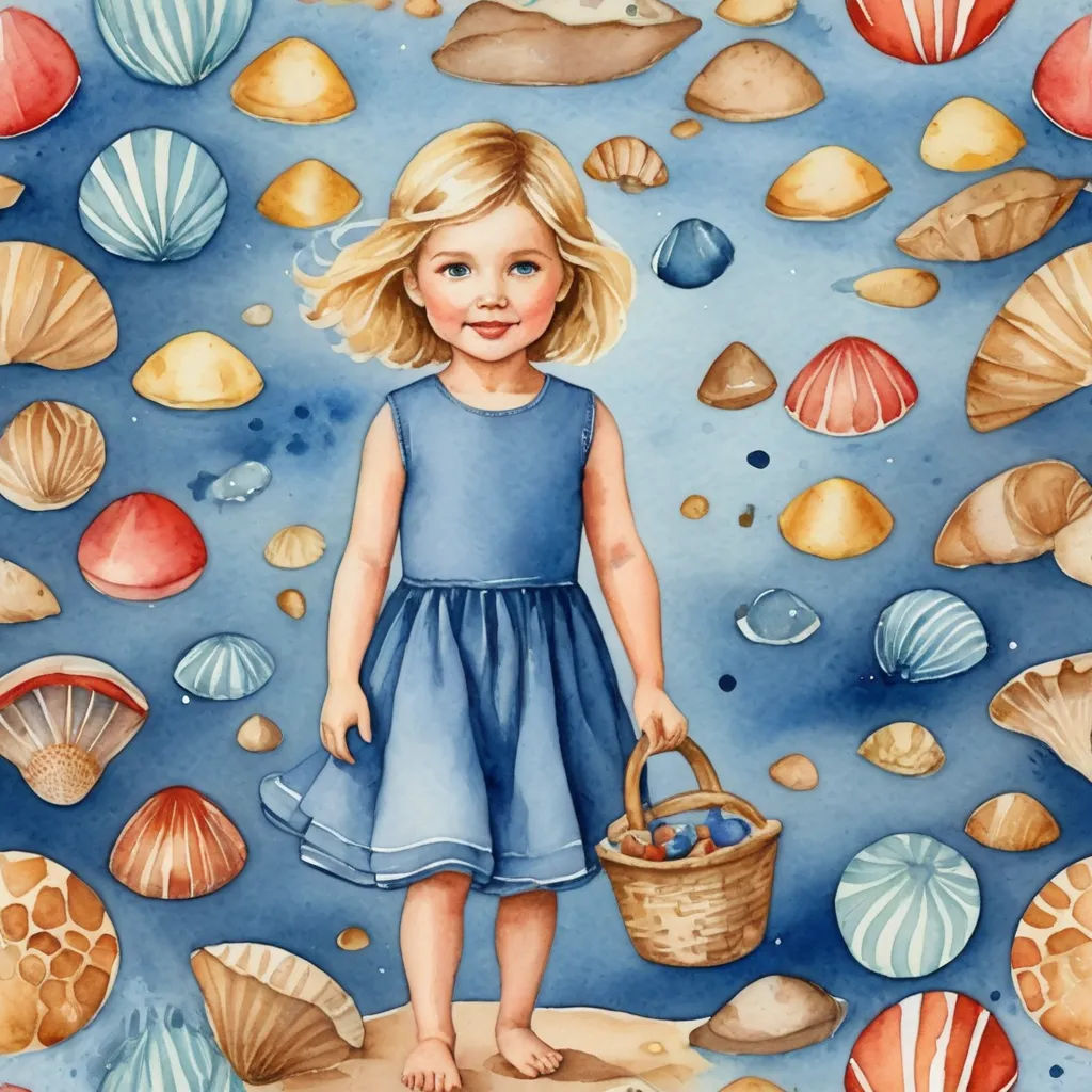 a painting of a little girl holding a basket of eggs in front of a sea of shells and seashells, figurative art, a watercolor painting, Claire Hummel, detailed painting