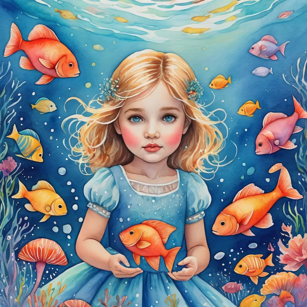 a painting of a little girl holding a fish in her hands and a fish in her hand, under the water, pop surrealism, a storybook illustration, Daniel Merriam, in gouache detailed paintings