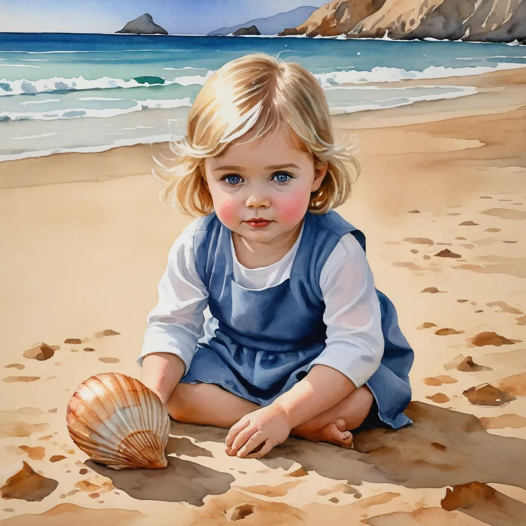 a painting of a little girl sitting on the beach with a shell in her hand and a mountain in the background, figurative art, an airbrush painting, Bob Byerley, detailed painting