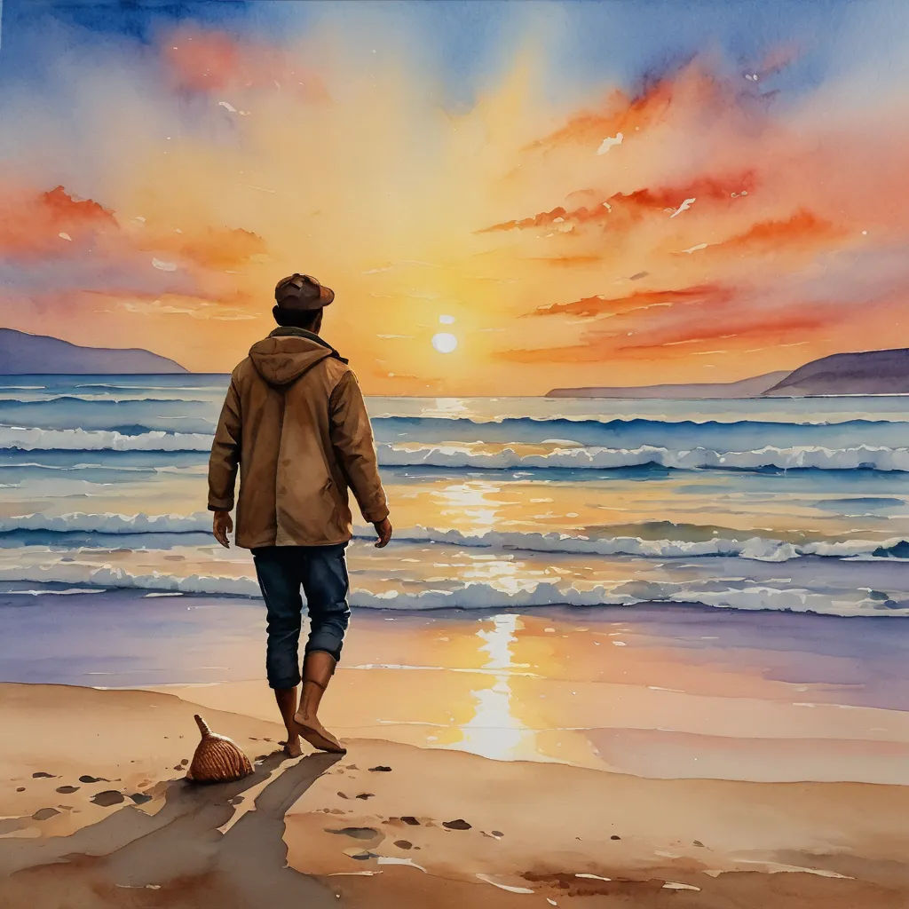 a man walking on a beach next to the ocean at sunset with a dog laying on the sand under his feet, figurative art, a watercolor painting, Colin Middleton, sunrise