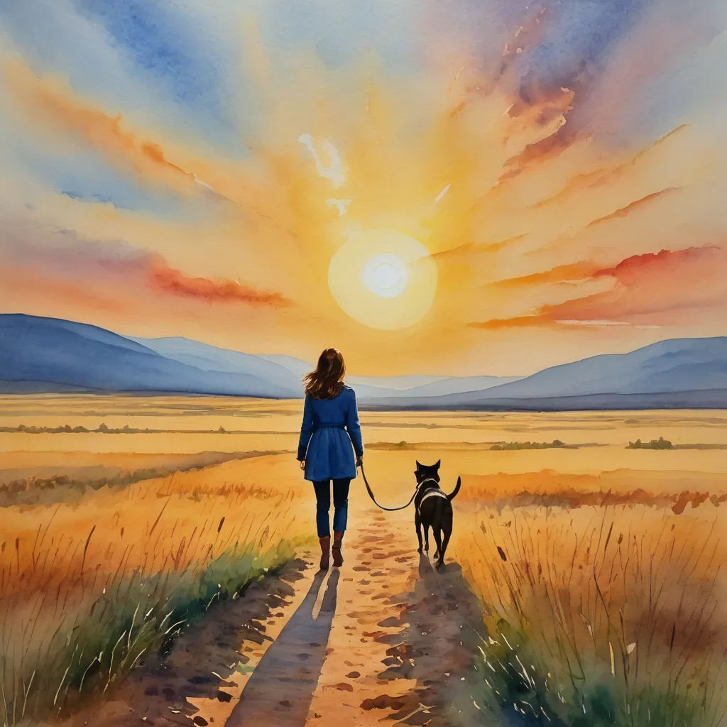 a painting of a woman walking her dog on a path in a field at sunset with the sun setting, figurative art, a watercolor painting, Eric Zener, watercolor