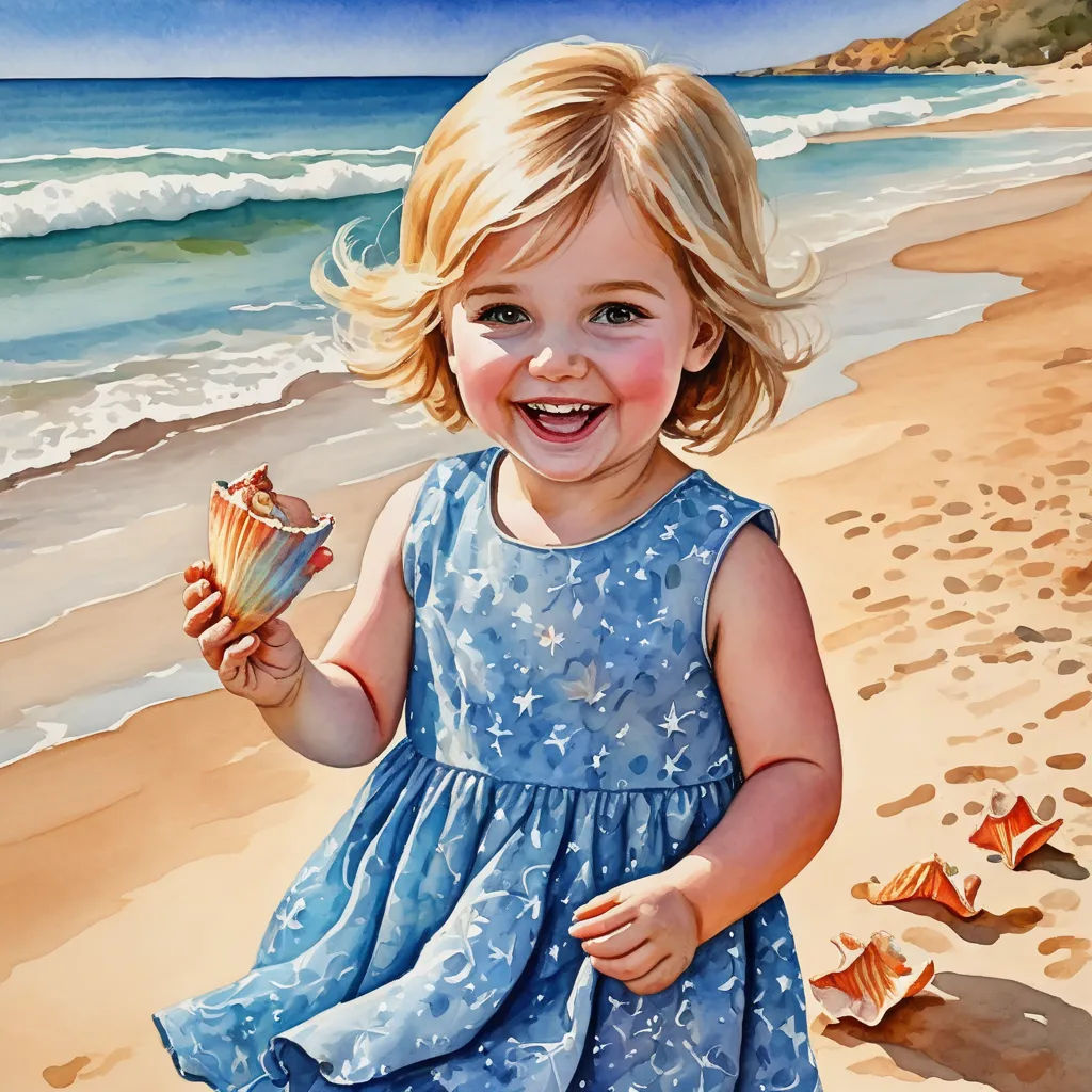 a painting of a little girl holding a seashell on the beach with a starfish in her hand, photorealism, a photorealistic painting, Bob Byerley, detailed painting