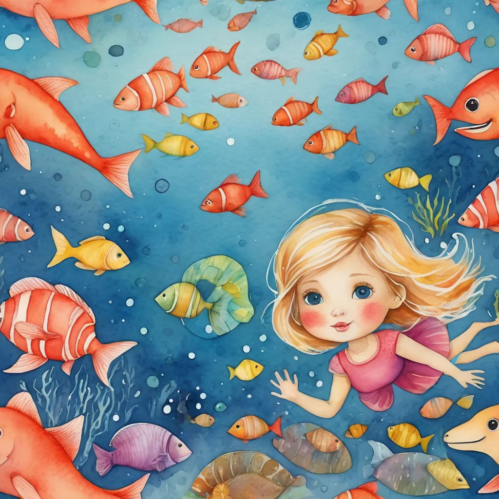 a painting of a little girl swimming among fish in the ocean with a blue background and a yellow fish, pop surrealism, a storybook illustration, Cyril Rolando, storybook illustration