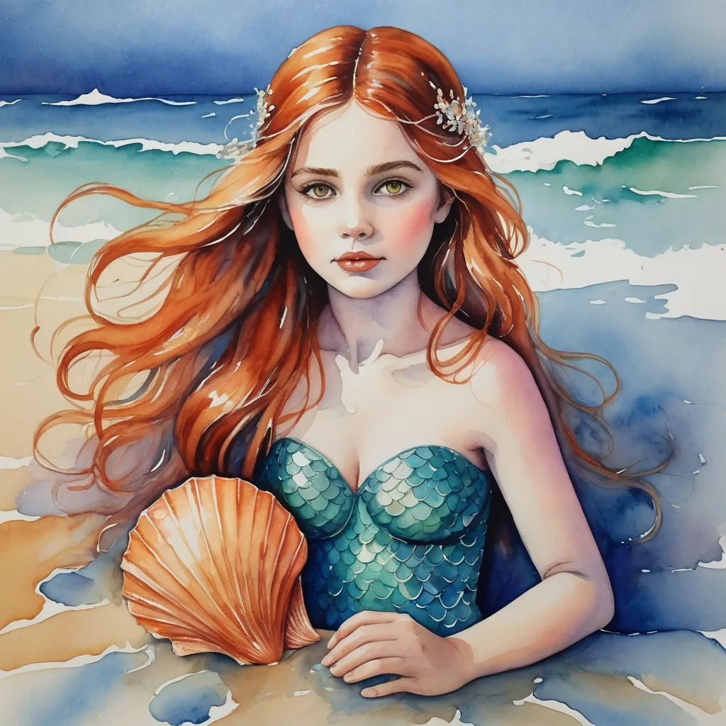 a painting of a mermaid with a shell on the beach with waves crashing in the background and a blue sky, fantasy art, a watercolor painting, Charlie Bowater, trending on art station