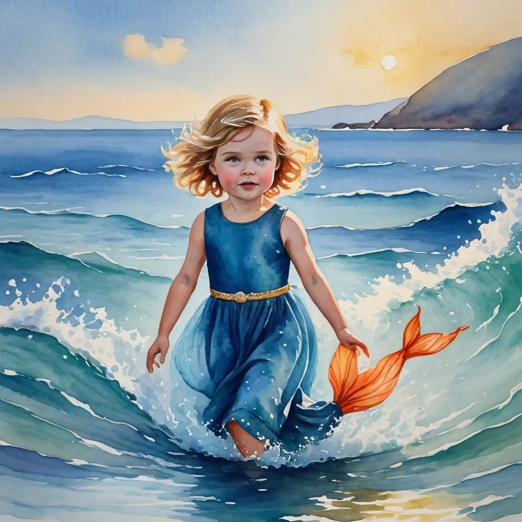a painting of a little girl in a blue dress walking into the ocean with a fish in her hand, figurative art, a watercolor painting, Claire Hummel, storybook illustration