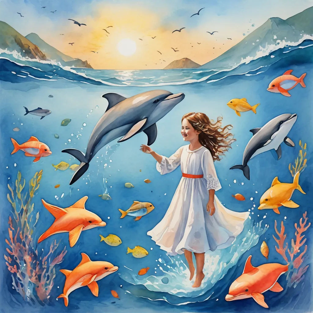 a painting of a girl in a white dress and dolphins in the water with a sun in the background, figurative art, a storybook illustration, Daphne McClure, ocean