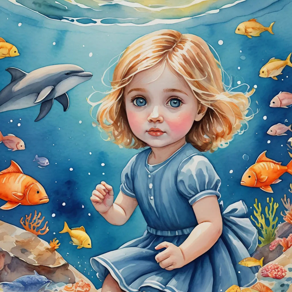 a painting of a little girl in a blue dress under the water with a dolphin and fish in the background, pop surrealism, a detailed painting, Cyril Rolando, trending on art station
