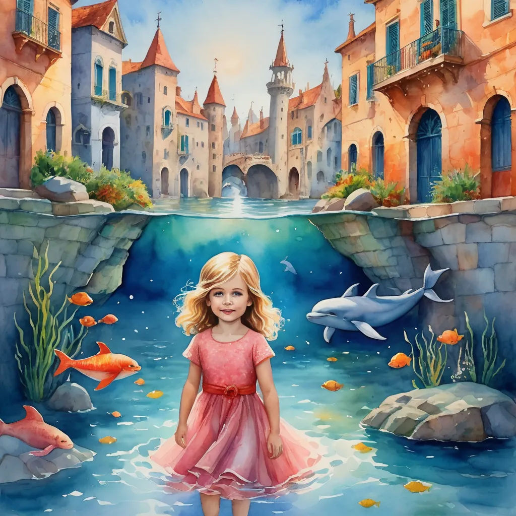 a painting of a little girl standing in a river with a dolphin and castle in the background and a dolphin swimming in the water, magic realism, a storybook illustration, Daphne McClure, storybook illustration