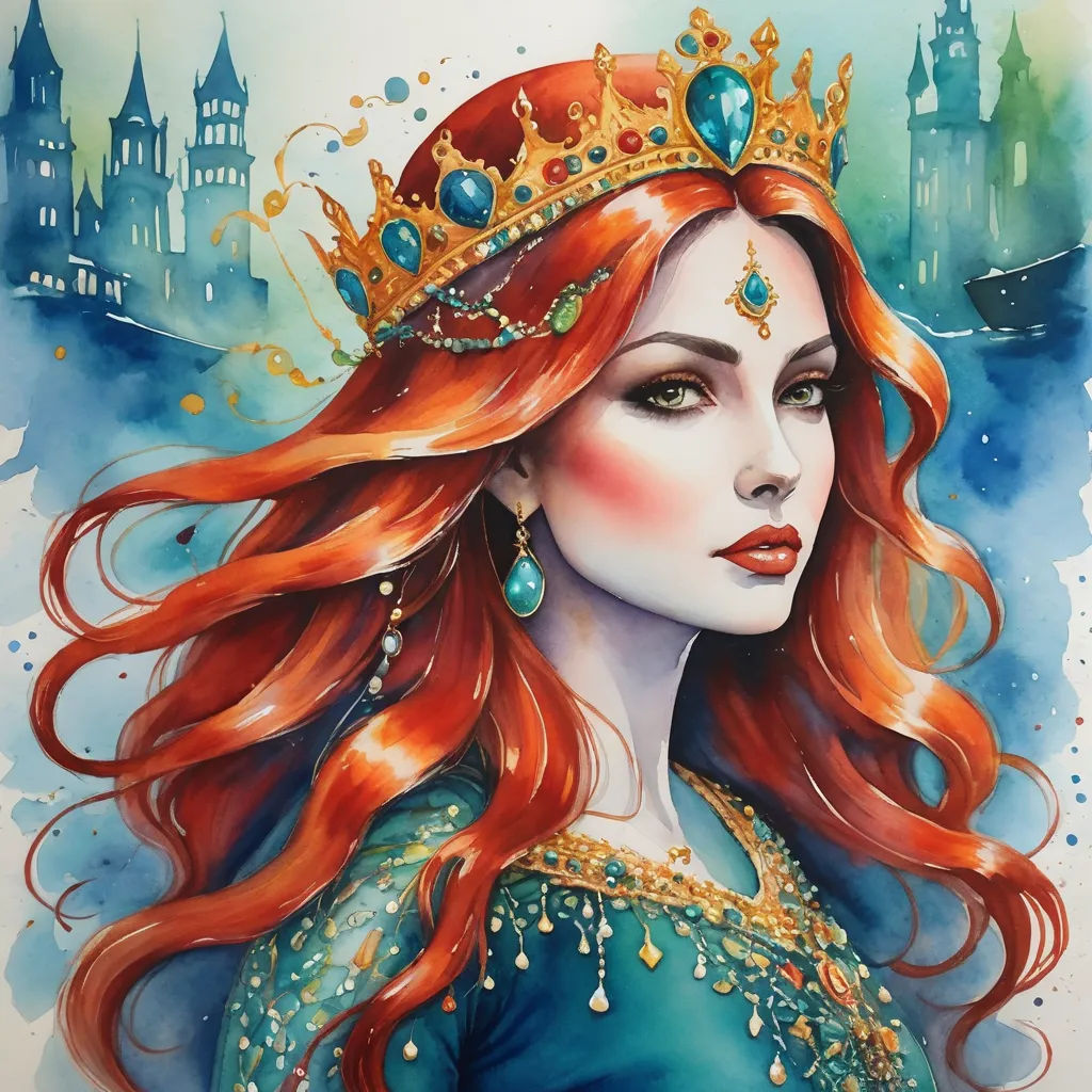 a painting of a woman with long red hair wearing a tiara and a blue dress with a castle in the background, fantasy art, a watercolor painting, Anna Dittmann, fantasy style