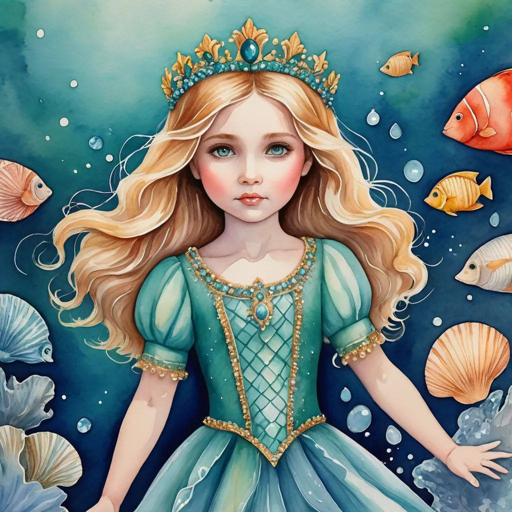 a painting of a little girl in a blue dress with a tiara on her head and fish around her neck, fantasy art, a storybook illustration, Anna Dittmann, storybook illustration