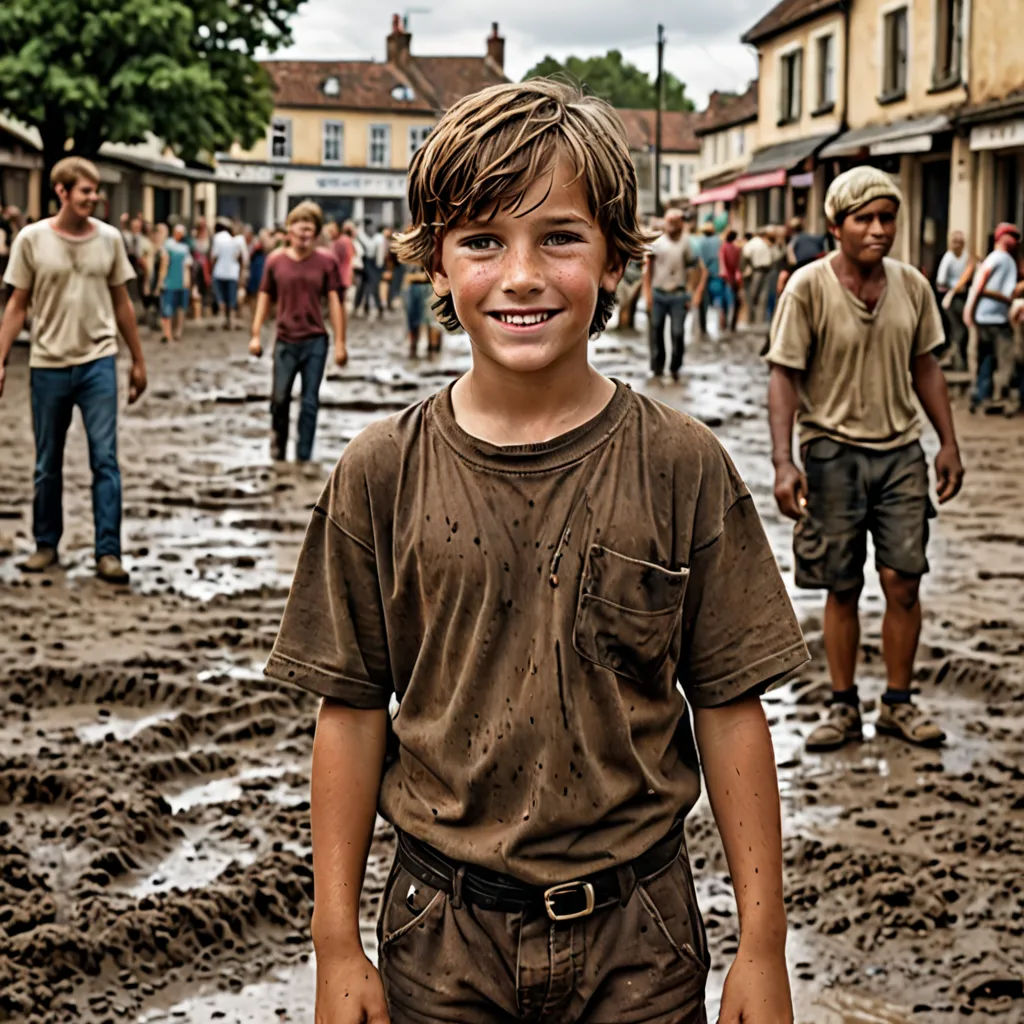 a boy standing in a muddy street with a frisbee in his hand and people walking around him, Cedric Seaut (Keos Masons), figuration libre, a detailed matte painting, cinematic photography
