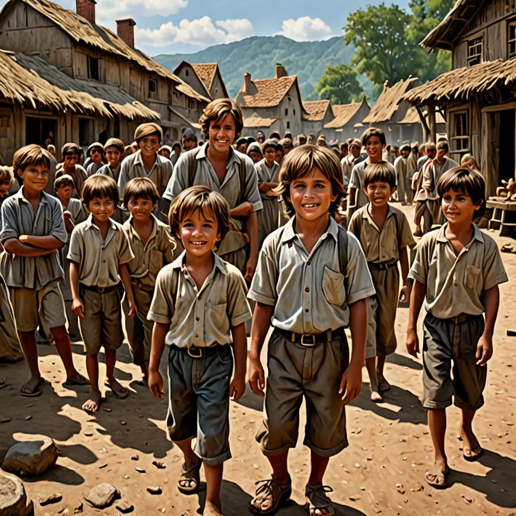 a group of children standing in front of a village with a boy in the middle of the picture and a boy in the middle of the picture, Eric de Kolb, danube school, a detailed matte painting, cinematic photography
