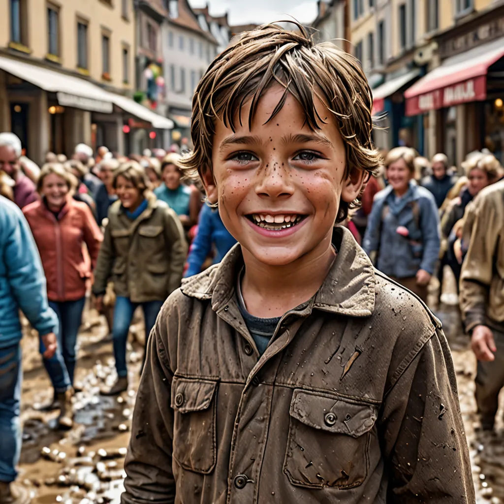 a boy is smiling in a muddy street with people walking around him and a crowd of people walking around him, Eric de Kolb, figuration libre, a detailed matte painting, cinematic photography
