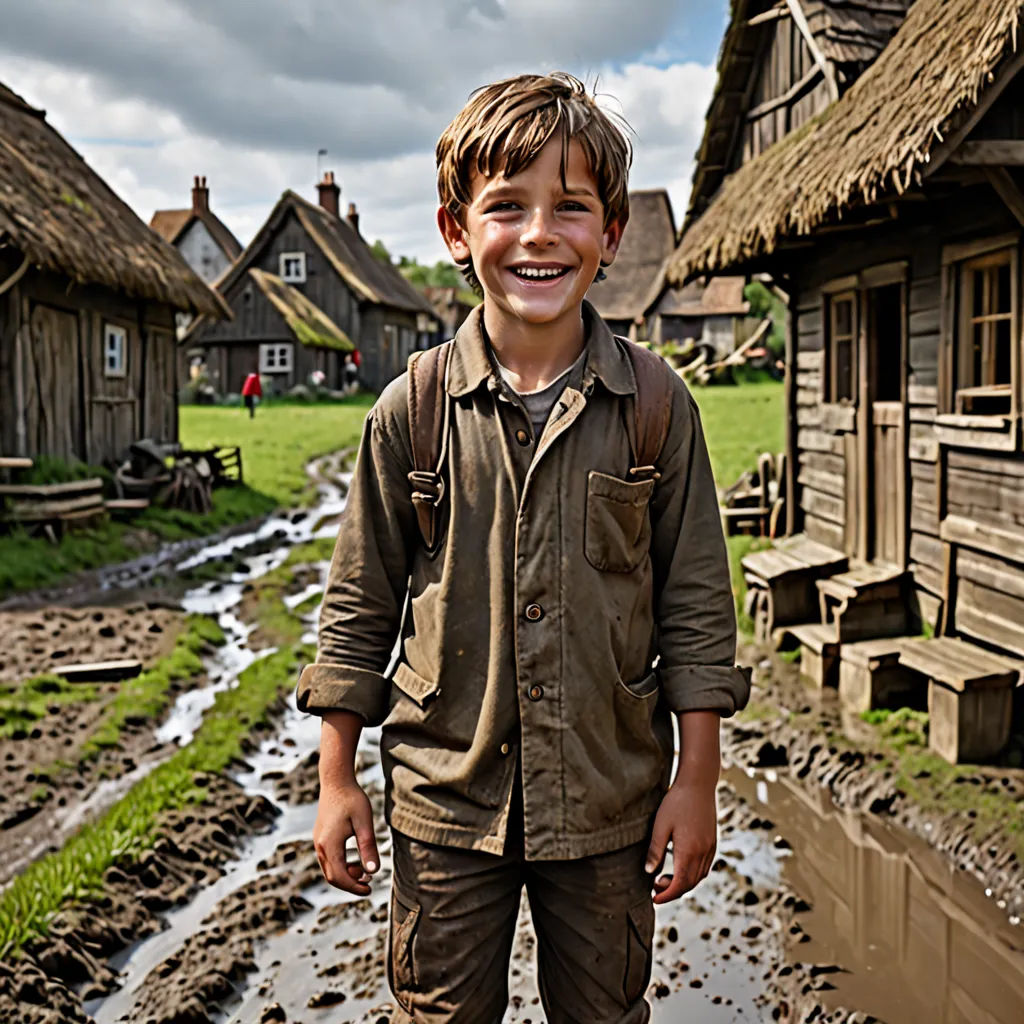 a boy standing in front of a mud hut with mud puddles on the ground and grass on the roof, Colin Moss, arts and crafts movement, a detailed matte painting, promotional image