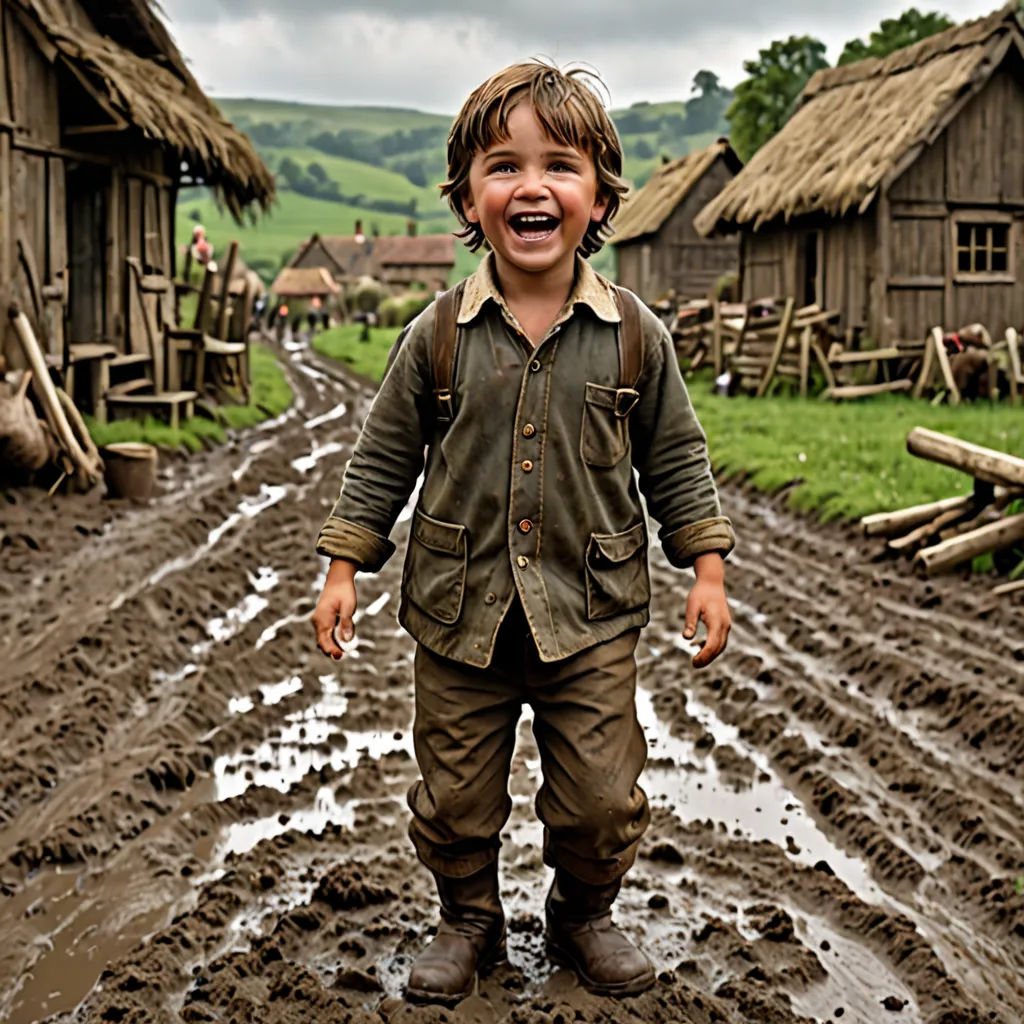 a young boy standing in a muddy field in front of a mud hut with a thatched roof and a green field behind him, Clovis Trouille, art photography, a detailed matte painting, cinematic photography