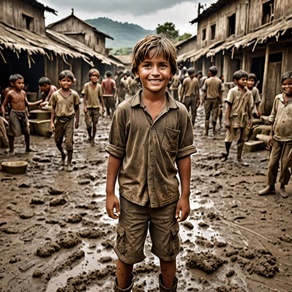 a boy standing in a muddy street with other boys in the background and a building in the background with a few people standing around, Daniel Lieske, samikshavad, a detailed matte painting, award-winning photograph
