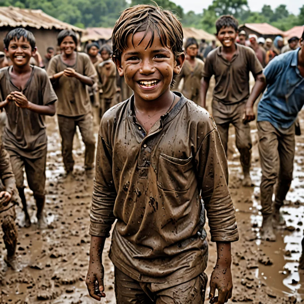 a group of young boys walking through a muddy field together in mud suits and ties, with mud covering them, Bikash Bhattacharjee, samikshavad, a microscopic photo, award-winning photograph