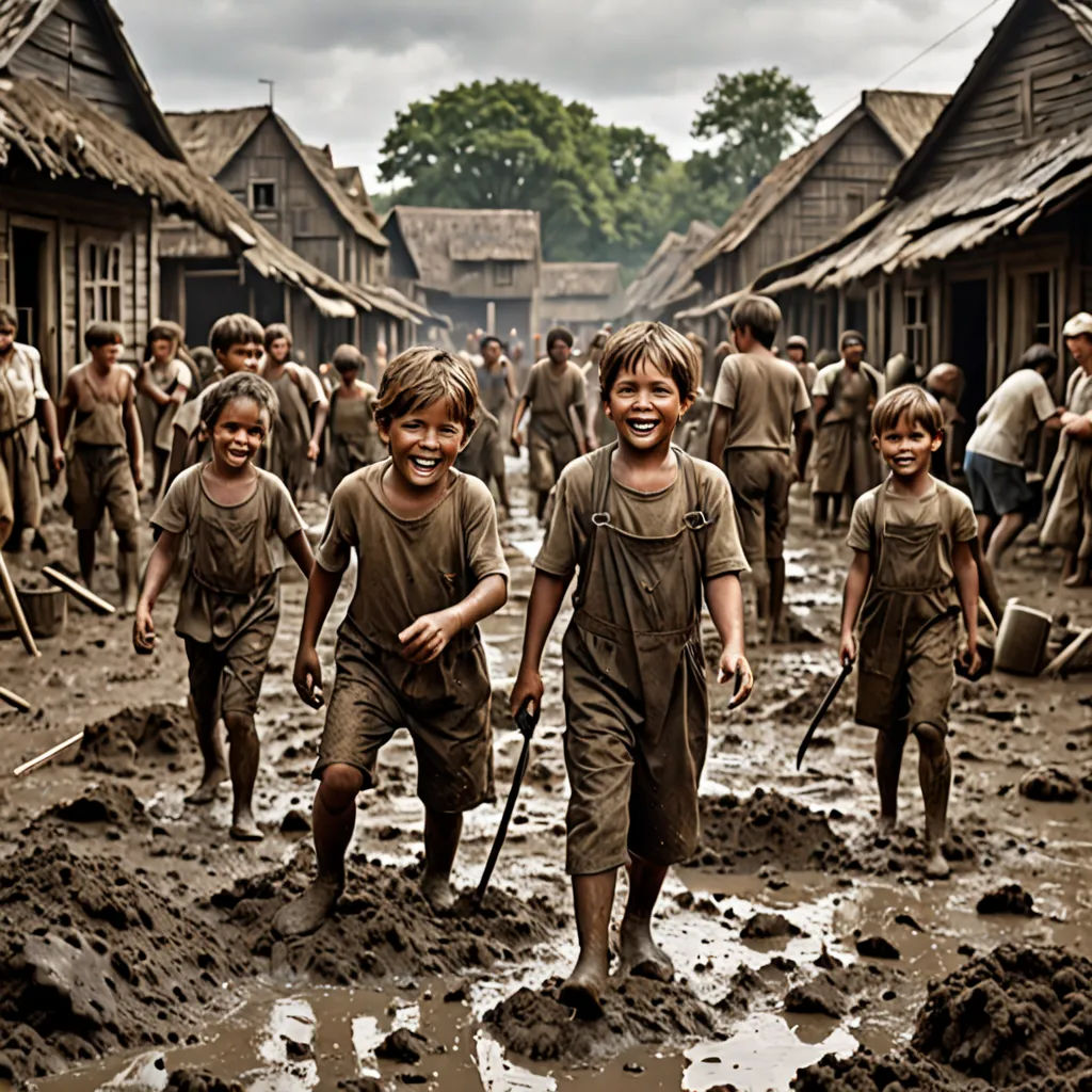 a group of children walking through mud covered streets with wooden buildings in the background and a crowd of people walking in the background, Diego Gisbert Llorens, primitivism, a detailed matte painting, cinematic photography