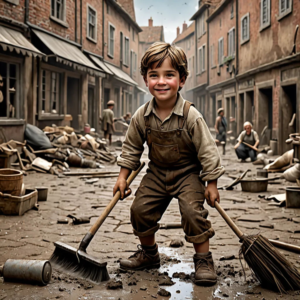 a boy is standing in a dirty street with a broom and a bucket of dirt on the ground and a man is standing behind him, Bob Byerley, art photography, a detailed matte painting, cinematic photography
