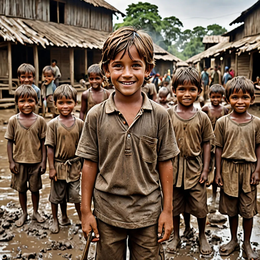 a group of children standing in a muddy area with a dog in front of them and a man standing in the middle of the photo, Daniel Lieske, sumatraism, a microscopic photo, award-winning photograph
