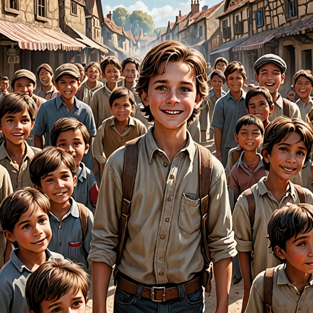 a boy in a school uniform standing in front of a group of boys in school uniforms in a village, Cliff Childs, fantastic realism, a detailed matte painting, j. c. leyendecker 8 k