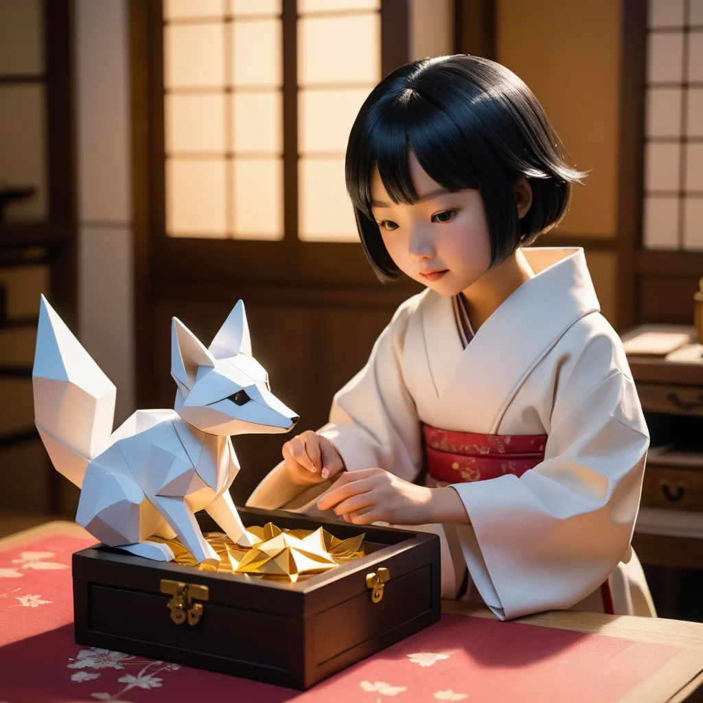 a little girl playing with a paper sculpture of a fox and a box of gold coins on a table, photorealism, a 3D render, Chizuko Yoshida, promotional image