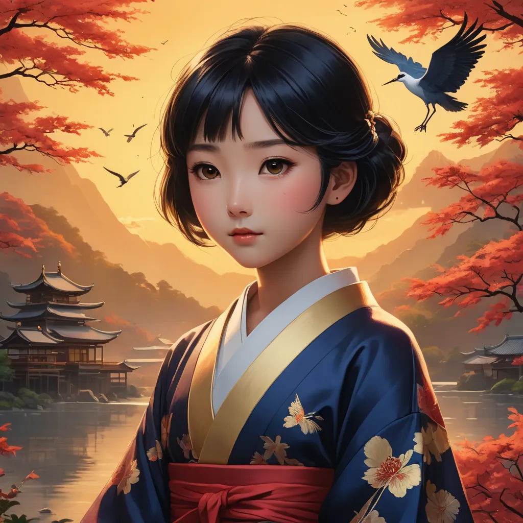 a painting of a woman in a kimono with a bird flying over her shoulder and a lake in the background, cloisonnism, a detailed painting, Artgerm, highly detailed digital painting