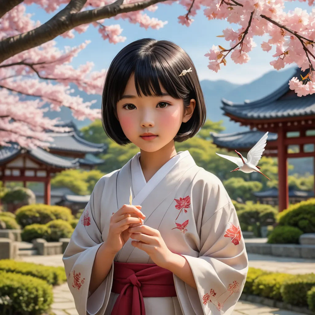 a woman in a kimono standing under a tree with pink flowers in the background and a bird flying over her, photorealism, a photorealistic painting, Chizuko Yoshida, cgstudio