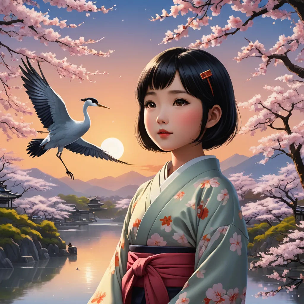 a woman in a kimono standing in front of a lake with a crane flying over her head and a sunset behind her, fantasy art, a detailed painting, Artgerm, highly detailed digital painting