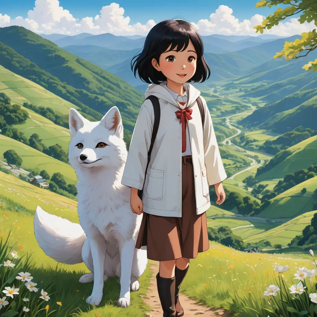 a girl in a brown dress and a white dog on a hill side with a valley in the background, furry art, poster art, An Gyeon, official art